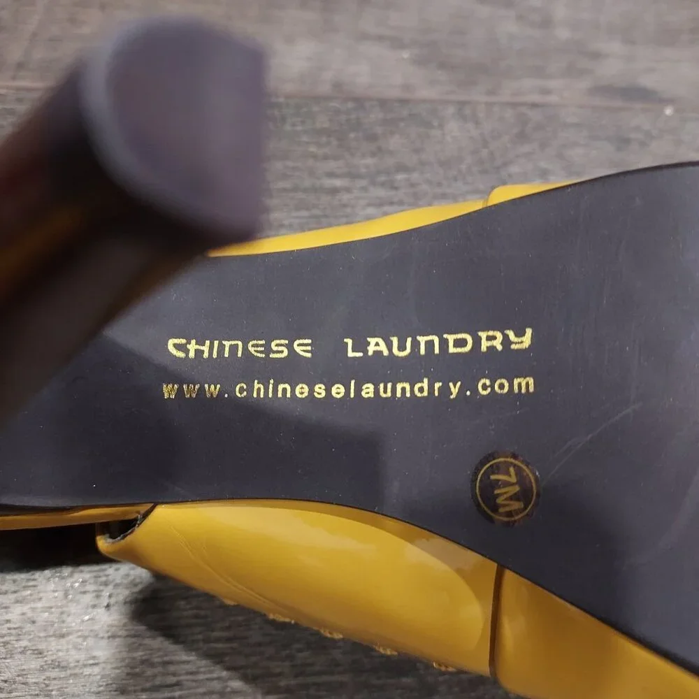 Chinese Laundry Yellow Patent Leather Slingback Brown Heels Pickstitch Size 7 - Picture 9 of 12